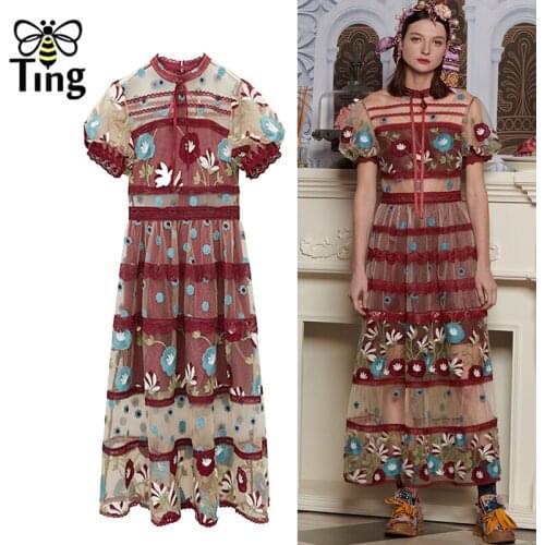Tingfly Designer Vogue Summer Flower Embroidery Lace Midi Long Dress Vintage Elegant Party Dinner Dresses Zaful Frocks for Women