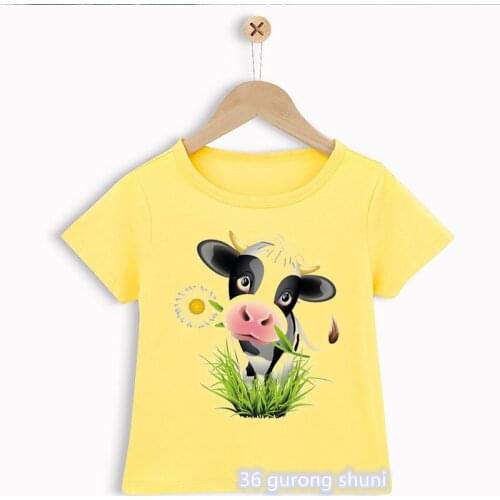 T-shirt for boys cute cow grazing graphic print kids tshirt summer tee boys clothes toddler baby tshirt yellow shirt wholesale