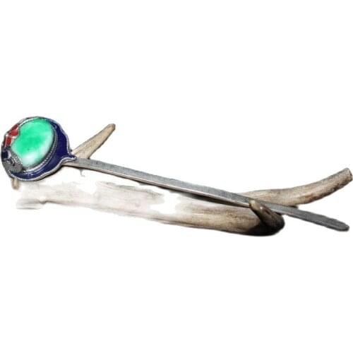 Chinese old craft Seiko made jade inlaid cloisonneTibetan silver hairpin