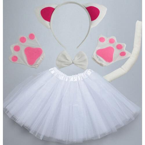 Adult Kids Black White Pink Cat Costume Animal Ear Headband Tail Bow Paw Performance Stage Dance Wear Clothes Halloween Party