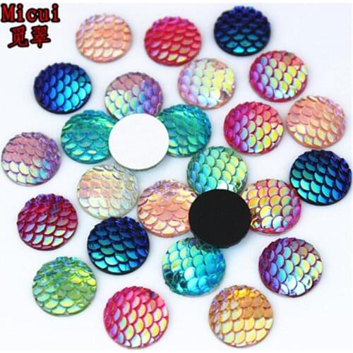 Micui 100pcs Crystal AB 12mm Resin Round Fish Scale Rhinestone Sew On 2 Hole Flat Back For DIY Wedding Decoration Crafts MC623