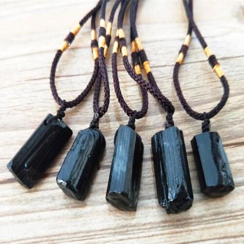 Healing Raw stone Natural Crystal Black Tourmaline Stone Pendant Necklace Wired Charm Stone Pendants Accessories Supplies Tools