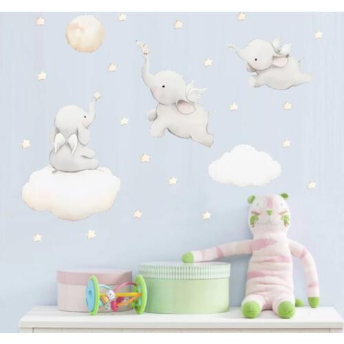 Flying Elephant Wall Sticker Decal Animal With Cloud Moon Star Dumbo Wall Art Decor For Bedroom Baby Nursery Home Background