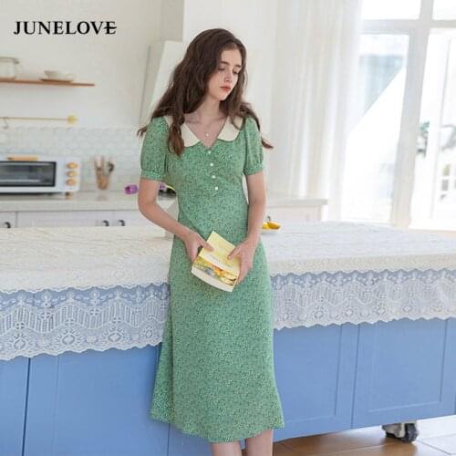 Summer Vintage Sweet Floral Dress 2021 Green Casual Chic V-Neck Elegant Midi Dress Short Sleeve Slim Korean Party Boho Dress