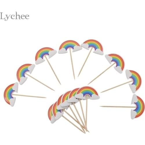Lychee Life 24pcs Cartoon Rainbow Cupcake Toppers Kids Birthday Party Wedding Decorations Cake Flag Supplies