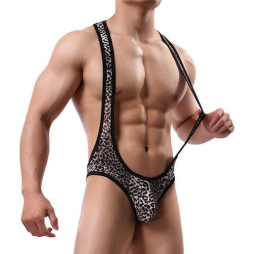 Men Jumpsuits Lingerie Porno Leopard Printed Open Butt Bodysuits Body Stocking Wresting Singlet Gay Catsuits Seamless Panties