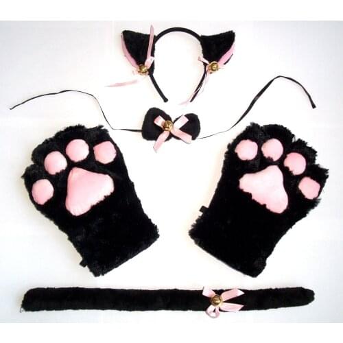 Orejas de Zorro Cola de gato Collar Paws Cosplay Anime Neko Traje de Felpa Garras Guantes Lazo Cola
