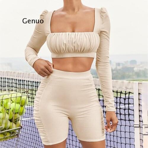 Sexy Ruched Two Pieces Set Women Long Sleeve Square Collar Crop tops Biker Shorts Suit Casual Woman Tracksuit Outfits