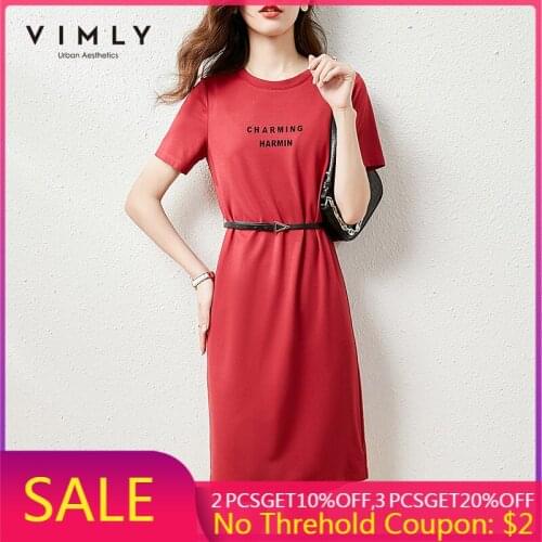 VIMLY Summer Dress For Women Casual Letter Print Dresses Sashes Round Neck High Waist Tshirt Dress Loose Female Vestidos F7023