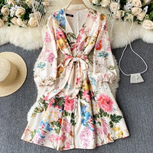 FTLZZ New Spring Autumn Elegant Women V-neck Puff Sleeve Floral Print Dress Casual Button Sash Tie Up Dress Seaside Beach Dress