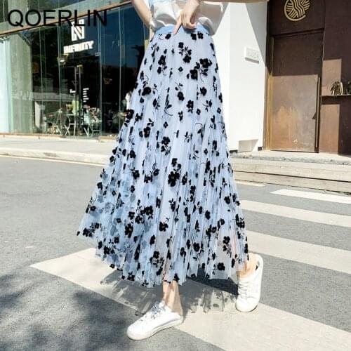 QOERLIN Print Floral Mesh Skirts Women Spring Summer Mid-Length Flocking Skirt High Waist Elastic Waist Tulle Skirt Jupe Longue