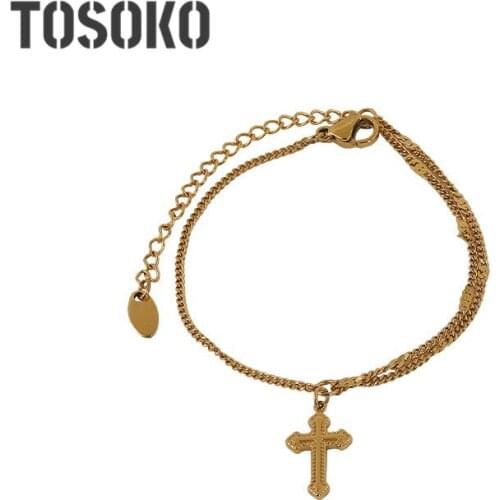 TOSOKO Stainless Steel Jewelry Gold Cross Bracelet Double Chain Female Hip Hop Bracelet BSE133
