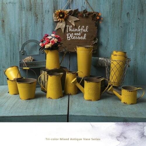 Vintage watering can vase blue iron tube flower pot decorative sprinkling can European style French Korean floor bucket