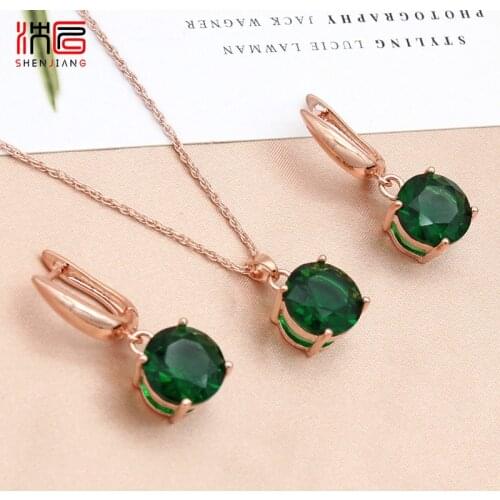 SHENJIANG Temperament Fashion Big Round Cubic Zirconia Dangle Earrings Pendant Necklace Jewelry Sets For Women Wedding Jewelry