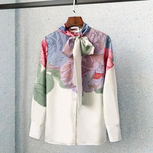Women Office Ladies Blouse Long Sleeve Flower Print Bow Bandage Collar Ribbons Casual Elegant Shirt Blouse Vestidos 2021