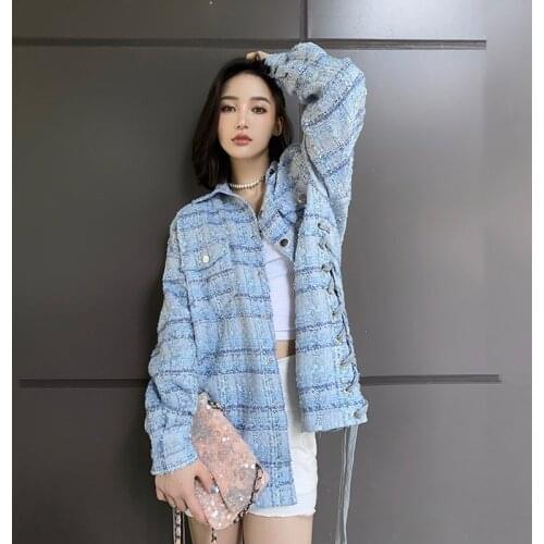 Women oversized tweed jacket plaid shirt coat side bandage checkered overshirt ladies blue outerwear Spring Autumn