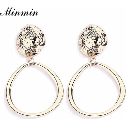 Minmin Gold Irregular Big Circle Long Drop Earrings Vintage Statement Geometric Dangle Earrings for Women Korean Jewelry MEH1492