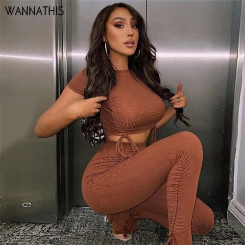WannaThis Drawstring Two Piece Set Women Short Sleeve Brown Cropped Top and Womens Pencial Split Pants Trouser Slim Fitness Set