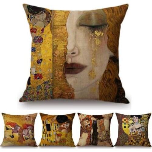 Gold Oil Painting Throw Pillow Cover Gustav Klimt Gallery Pillow Case Home Decorative Pillow Linen Pillowcase Sofa Cushion