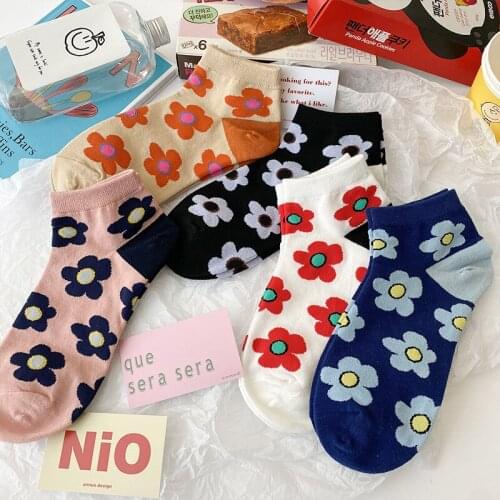 10Pcs=5Pairs/Lot Little Flower Short Cute Socks Girls Japanese Harajuku Floral Breathable Cotton Summer Low Cut Ankle Socks Pack