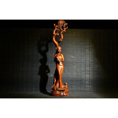 12" China Lucky Old Boxwood Hand-carved Imperial concubine pen hanging Folding Fan Beauty Statue Classical beauty Under the pine