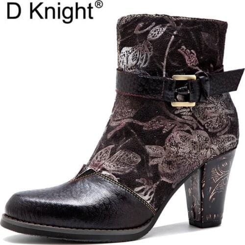French Vintage Genuine Leather Womens Ankle Boots Hand-Printed Buckle Design Dark Gothic Style High Thick Heel Boot Shoes Woman