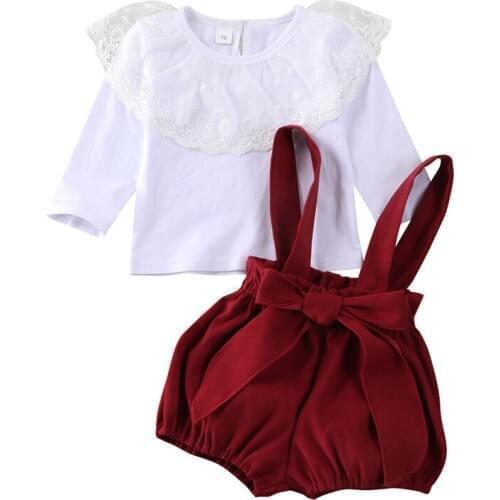Baby Girl Clothes Set Lace Collar White Top Red Bib Pants Overalls 0-24M Newborn Infant Toddler Summer Fall Casual Cotton Outfit