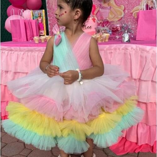 Colorful Toddler Baby Girls V Neck Princess Celebration Dress Birthday Dress Wedding Flower Girl Dresses