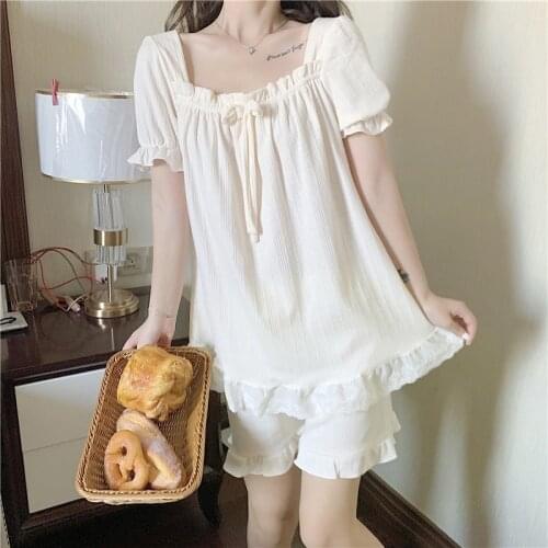 Summer Womans Pajamas Pure Color Square Neck Pullover Lace Short Sleeve Shorts Two-piece Sweet and Cute Casual Homewear