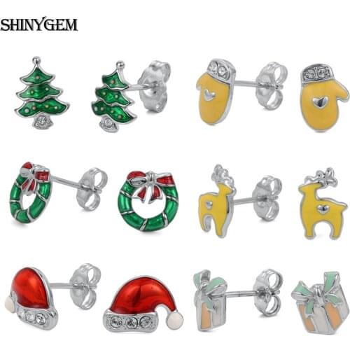 Trendy Cute Delicate Christmas Tree/Wreath/Elk/Santa Hat/Gloves Stud Earrings For Women Girl Beautiful 925 Silver Jewelry Gift