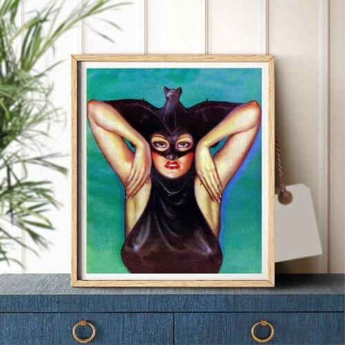 WEIRD Bat Girl Vintage Illustration Canvas Poster Vampire Costume Prints Girls Room Wall Art Painting Picture Halloween Decor