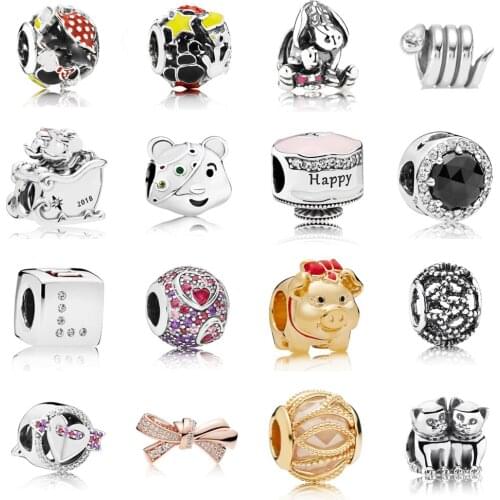 NEW 2021 100% 925 Sterling Silver Golden Piggy Bow Charm Pendant Fit DIY Original Bracelet Fshion Jewelry Gift