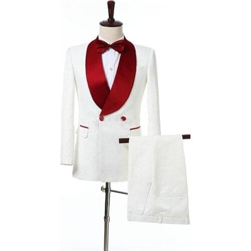 New Fashion Double Breasted Ivory Paisley Groom Tuxedos Shawl Lapel Men Prom Suits Blazers Trousers Set (Jacket+Pants+Tie) W:778