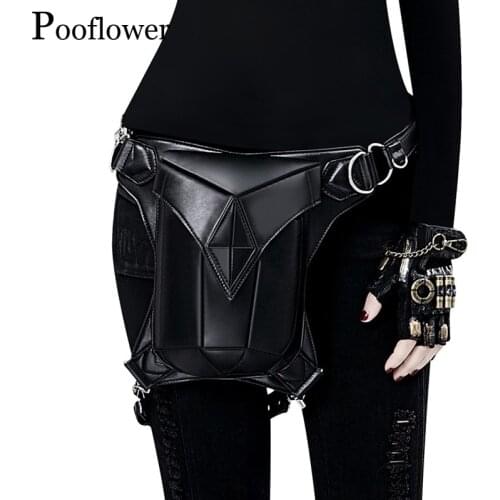 Pooflower Pouch Bag for Men Running Belt Bag Punk Waist Bag Vintage PU Leather Women Bum Leg Bags Shoulder Bag heuptasje ZH096