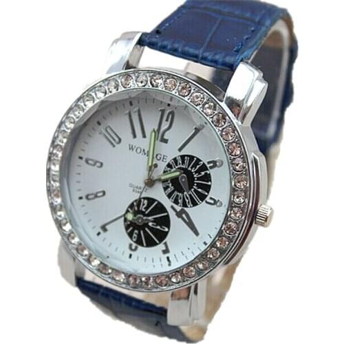 Popular model womage brand luxury round crystal watch 8 color leather strap lady elegance watch women fashion quartz wrist watch