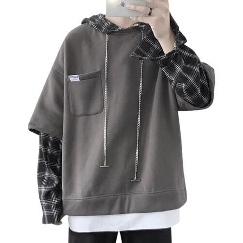 Harajuku Hoodie Men Spring Hip Hop Streetwear Sweatshirts Loose Round Neck Long Sleeve Hoodies Sweatshirt Couples Plaid Pullover