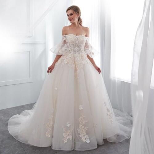 Fairy A-line Wedding Dresses Ruffles Short Sleeves Off The Shoulder Robe De Mariee White Champagne Color Country Wedding Gowns