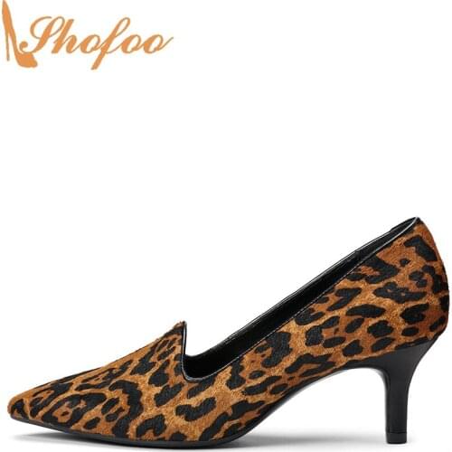 Brown Flock Leopard Womens Pumps Pointed Toe High Kitten Heels Slip On Large Size 13 15 Ladies Fashion Office Shoes Shofoo