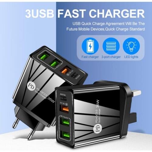 Usb Adapter Plug PD20W+QC3.0 2.4A Dual USB Fast Charge Mobile Phone EU/US Charger Multi-port USB With PD Charging Head