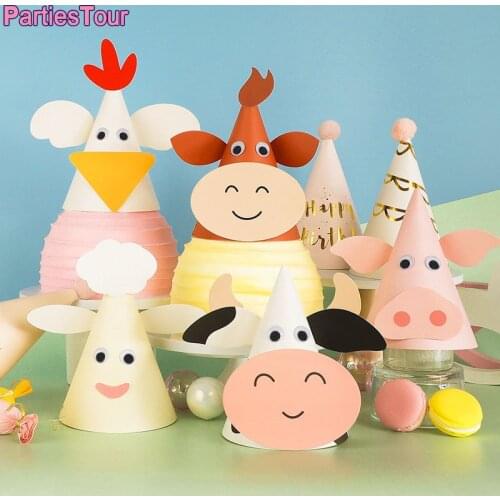 Farm Theme Party Decor Animal Chicken Cows Pig Happy Birthday Paper Hat Boy Girl Birthday Hat Thanksgiving Supplies Cake Decor