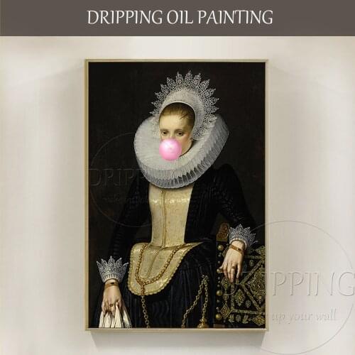 Funny Design Hand-painted High Quality Portrait Europe Lady Blowing Bubbles Oil Painting Funny Royal Lady Portrait Oil Painting