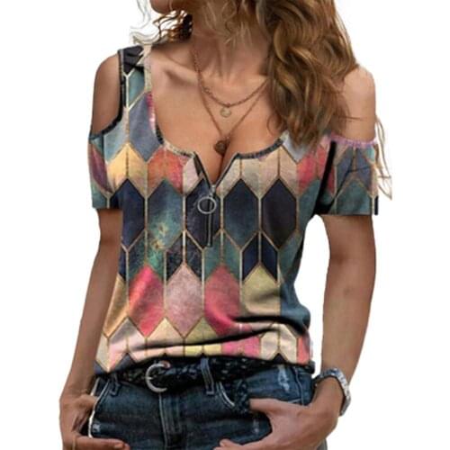 Sexy Women T-shirt Cold Shoulder Short Sleeve Geometric Print Zipper V Neck Blouse Top for Summer