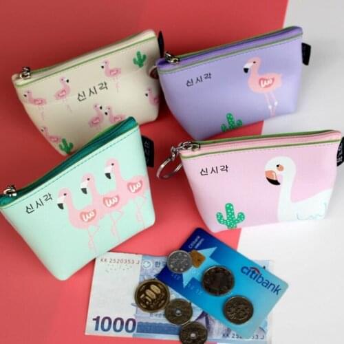 M246 Cute Bird Design Women Purses Cartoon Pattern Flamingo 4 Styles Waterproof Pu Leather Coin Bag Key Ring Mini Cloth Bag