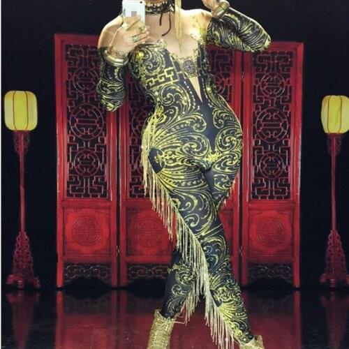 Womens sexy Nude Leggings fringes Bodysuit Costume Sexy Green Tassel Jumpsuit Dance Stage Wear Female Singer Big Stretch Outfit