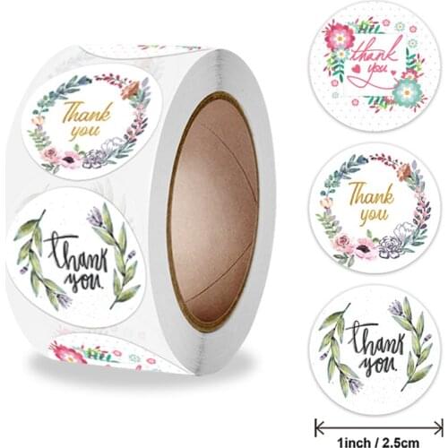 Flowers Thank You Stickers for Your Order with Heart 50-500Labels 1'' Round for Small Business Boutique Bags, Wedding Favors