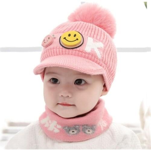 Kids Cotton Inner Cartoon Hat Scarf Set Child Kint Brim Hat And Ring Scarves 2020 Winter Warm Girl Boy Pom Pom Cap 1-3T Wear