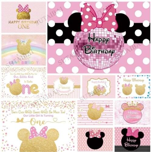 Cute Mouse Backdrop Happy Birthday Marble Girl Baby Shower Party Decoration Photography Bow Princess Banner Background
