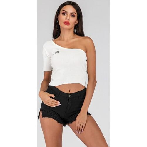 Sexy Oblique Collar Dew Shoulder T-Shirt Women Slim Fashion Casual Knit Embroidered Top T-Shirt Camisetas De Mujer Haut Femme