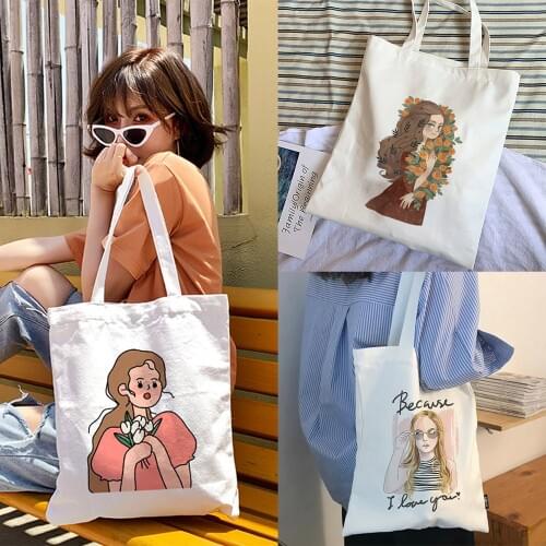Canvas Harajuku Shopping Women Tote Bag Korean Cute Girl Student Teacher Shoulder Reusable Handbag Bags Travel Folding Fashion