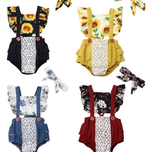 Infant Baby Girl Sunflower Printed Romper+Headband 2019 Summer Ruffle Lace Romper Newborn Baby Girls Backless Romper 2Pcs Outfit